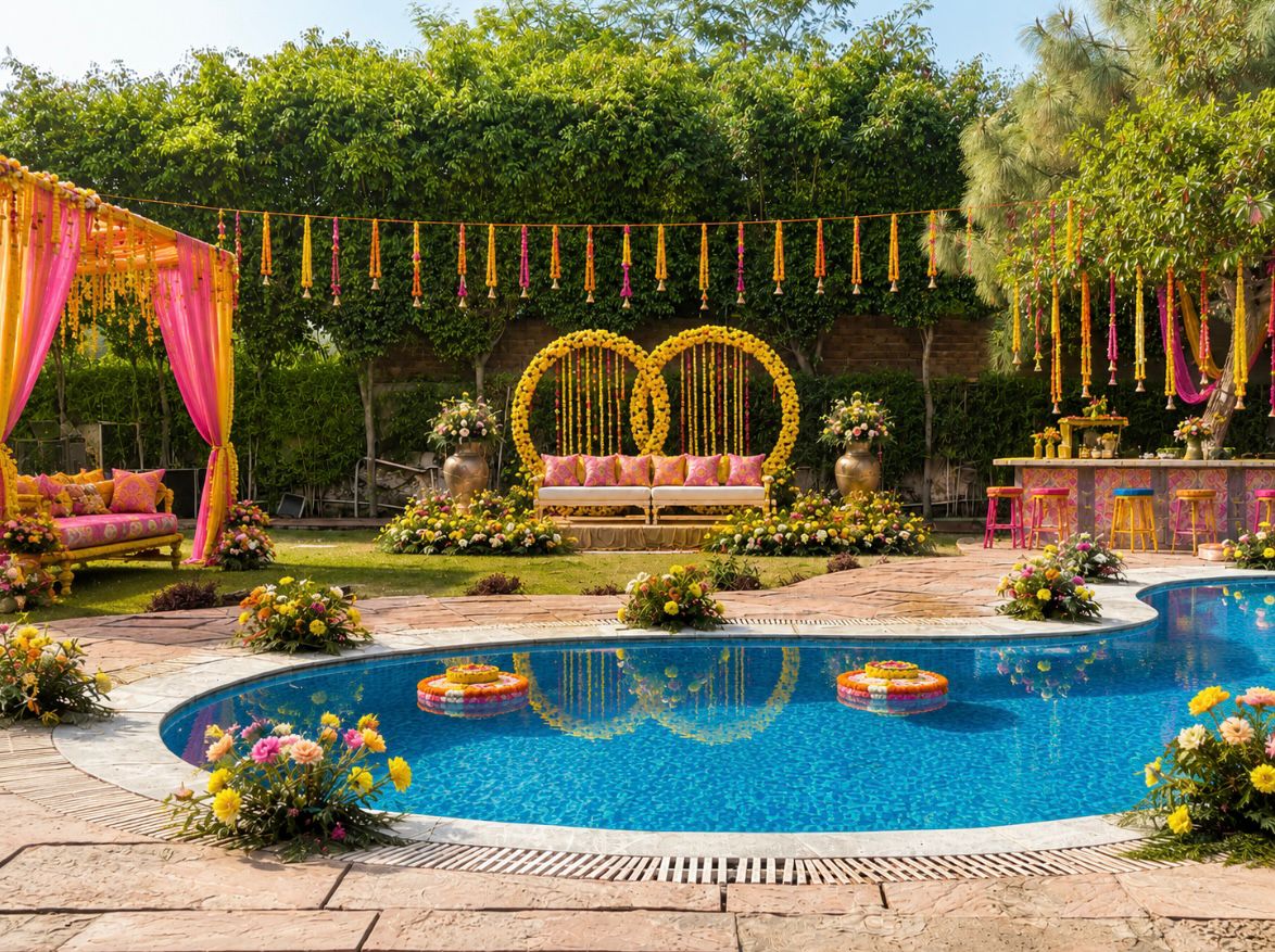 Colourful haldi setup with cabana and pool